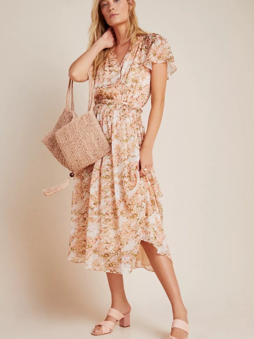 Current Air Pink Floral Midi Dress with Ruffle Sleeves